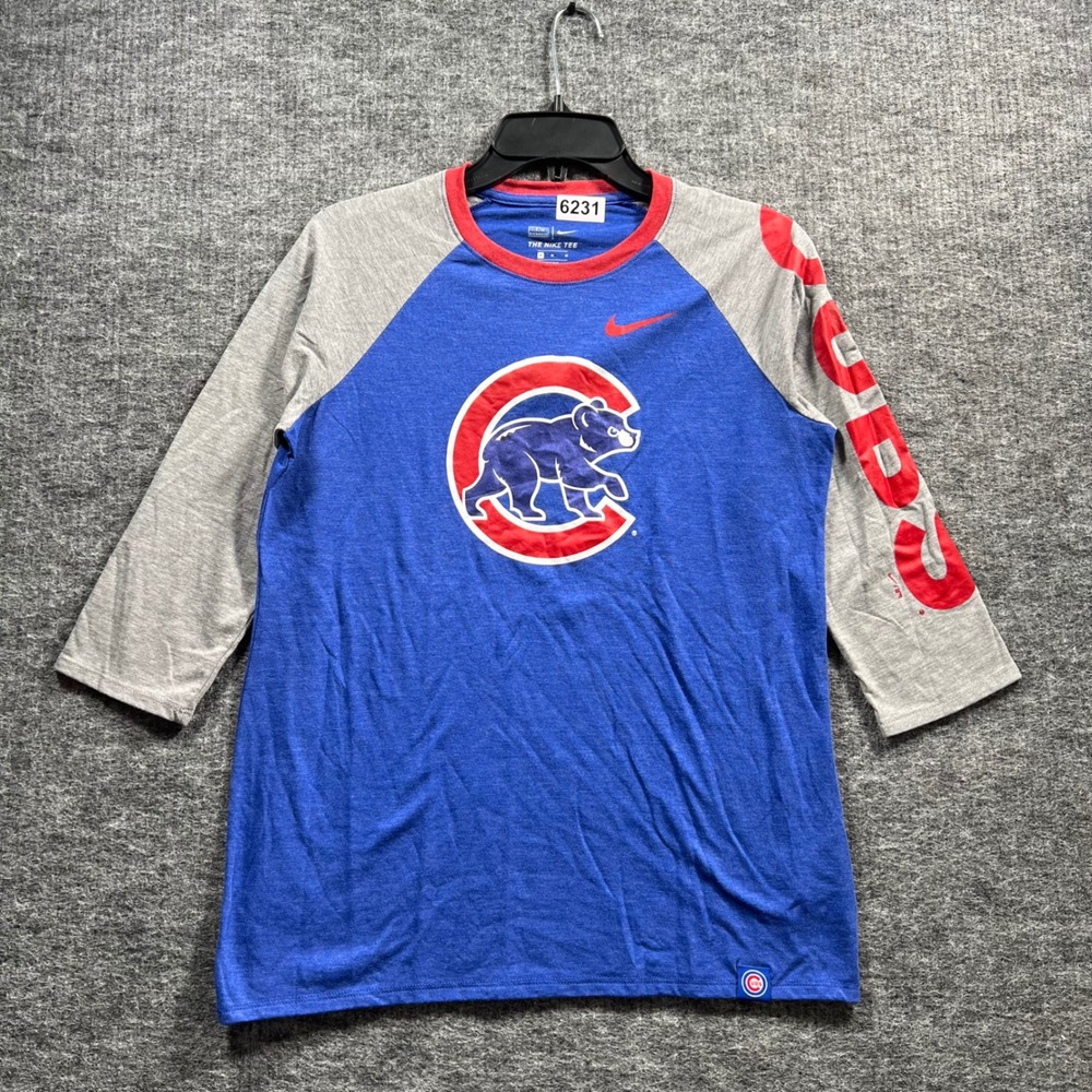 Nike Chicago Cubs MLB Baseball Raglan 3/4 Sleeve Tee Blue Gray Mens Medium